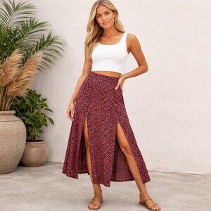 Zara Floral Midi Skirt in Burgundy with Black & Pink Print